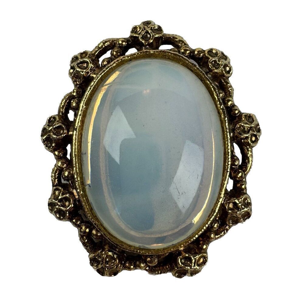 Vintage Opalescent Cabochon Brooch Gold Tone Ornate Oval Pin